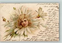 Kindergesicht in einer Margareten Blume litho 1900 AK Phantasie Metamorphose