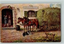 Pferdewagen mit Heuernte - Rast an eim Gasthaus Müller, A. (München) Künstlerkarte
