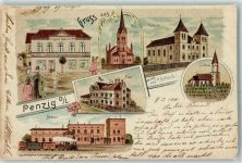 Penzig Piensk 1901 Lithographie Turnhalle Ev. Kirche Post Bahnhof