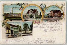 67593 W6525 Westhofen , Rheinhess Gebrauchsspuren Möbelfabrik Ludwig Kraft Bahnhofsrestauration Gg. Weinbach Bahnhof Eisenbahn Gasthaus Joh. Pfannebecker Kriegerdenkmal Lithographie