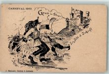 79539 W7850 Tüllingen 1902 Künstlerkarte Karneval 1902 Ein Bild der Zukunft Soldaten Gewehr Burg sign W. Hügin
