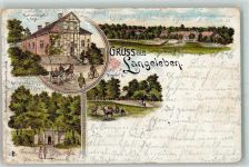 38154 W3308 Langeleben am Elm 1901 Lithographie Gruss aus Gasthaus K. Keye + Quellenhaus AK