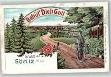 Göritz a. d. Oder Gorzyca Lithographie Mann Fahrrad