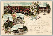 04774 O7262 Dahlen , Sachs 1899 Lithographie Kirche Rathaus Bahnhof Herrschaftl. Schloss