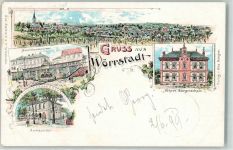 55286 W6501 Wörrstadt 1899 Lithographie Neunröhrenbrunnen Amtsgericht Höhere Bürgerschule