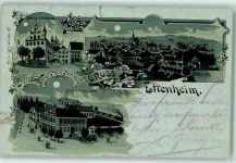 77955 W7637 Ettenheim 1902 Lithographie / Mondschein Rathaus Stadtkirche Bahnhof Hotel Welte