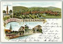 77948 W7632 Friesenheim , Baden 1901 Lithographie Kriegerdenkmal Kirche Rathaus Kaiserl. Postamt