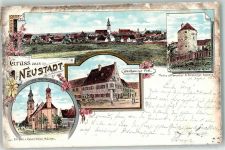 93333 W8425 Neustadt a.d.Donau 1898 Lithographie Gasthaus Zur Post Kirche Turm