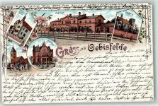 39646 O3573 Oebisfelde 1905 Lithographie Ratskeller Bahnhof Burg Kirche Postamt