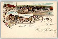 04749 O7303 Ostrau , Sachs 1897 Lithographie Gasthaus Zur goldenen Taube Gasthaus Zum wilden Mann Bismarkplatz Eisenbahn