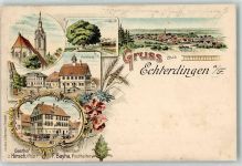 70771 W7022 Echterdingen 1901 Gebrauchsspuren Kirche Linde Rathaus Gasthaus Zum Hirsch Post F. Bayha Posthalter Lithographie
