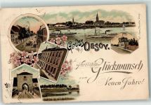 47495 W4134 Orsoy , Niederrhein Lithographie Kuh-Rheinstraße Präparanden-Anstalt Kuhtor Kuhteich Villa Rhein Raddampfer Glückwunsch Neujahr