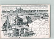 65439 W6093 Flörsheim am Main 1902 Lithographie Kath. Kirche Neues Postgebäude Neues Schulhaus Bahnhof Eisenbahn