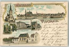 65439 W6093 Flörsheim am Main 1899 Lithographie Kath. Kirche Kriegerdenkmal Bahnhof Schwestern-Haus Gasthaus A. Becker
