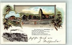33803 W4803 Steinhagen , Westf 1900 Lithographie Bahnhof Eisenbahn Brennerei Tasche Steinhäger