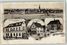 63477 W6457 Dörnigheim Gebrauchsspuren Gasthaus Zum Frankfurter hof Jacob Gross Kolonialwarenhandlung Carl Manns Rathaus Lithographie