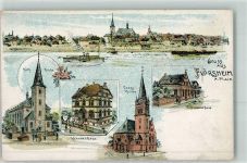 65439 W6093 Flörsheim am Main Lithographie Kath. Kirche Ev. Kirche Krankenhaus Schwesternhaus Raddampfer