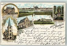 65439 W6093 Flörsheim am Main 1901 Gebrauchsspuren Villa Dr. Börner Kath. Kirche Schwesternhaus Bahnhof Kriegerdenkmal Lithographie