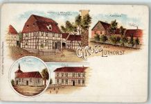 37586 W3354 Lüthorst Gebrauchsspuren Kaufhaus Bäckerei Georg Gleie Kurhaus Kirche Schule Lithographie