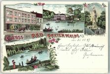 16259 O1310 Bad Freienwalde 1897 Lithographie Hotel Schertz C. thiemann Papen-Mühle Bismarck Turm Baa-See