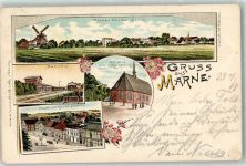 25709 W2222 Marne , Holst 1898 Lithographie Windmühle Bahnhof Kirche Glockenhaus Markt