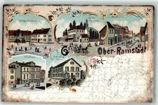 64372 W6105 Ober-Ramstadt 1897 Lithographie Kriegerdenkmal Kirche Rathaus Schulhaus Lichtenberg Haus