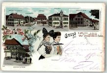 77731 W7608 Willstätt 1898 Lithographie Gasthaus Zum Schwanen Kriegerdenkmal Rathaus Schulhaus Gasthaus Zum Adler Gasthaus Zur Krone Trachtenpaar Volkstracht Bahnpost Frankfurt