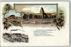 33803 W4803 Steinhagen , Westf Lithographie Bahnhof Eisenbahn Brennerei Tasche Steinhäger Werbung