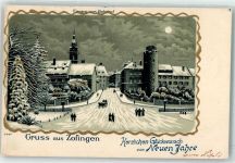 Zofingen Eingang vom Bahnhof Glückwunsch Neujahr Winterlitho 1901 Lithographie / Mondschein