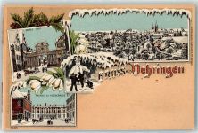 W7110 Öhringen Oberes Tor Bahnhof Postgebäude Schneemann Winterlitho Gebrauchsspuren
