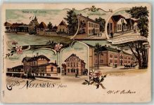 49828 W4458 Neuenhaus , Dinkel 1901 Lithographie Mühle Ref. Kirche Verwaltungsamt Wohnung des Rechtsanw. Zick Geburtshaus des Finanzministers Miguel Bahnhof Eisenbahn Postamt Amtsgericht