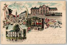 49356 W2840 Diepholz 1901 Lithographie Langestraße Kirche Bahnhof Eisenbahn Münte mit Schloss Kgl. Präparanden Anstalt