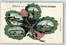76131 W7500 Grötzingen , Kr Karlsruhe 1908 Gebrauchsspuren Augustenburg Kirche Turmberg Grossh. Landwirtschaftsschule Vierblättriges Kleeblatt Passepartout Lithographie