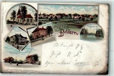 48249 W4408 Buldern 1899 Lithographie Kath. Kirche Schloss Amtsgebäude Bahnhofhotel Schlossbrücke