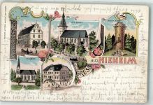33039 W3493 Nieheim 1904 Gebrauchsspuren Rathaus Kath. Kirche Holster Turm Ev. Kirche Kath. Knabenschule Lithographie