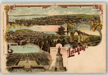 Lisboa Lissabon Lithographie Denkmal Camoen Handelsplatz Wasserleitung Burg