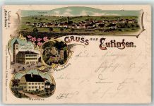 53879 W5350 Euskirchen Lithographie Rathaus und Schulhaus Pfarrhaus Ruine Staufenberg
