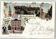 51399 W5093 Burscheid , Rheinl Gebrauchsspuren Haupstraße Ev. Kirche Kriegerdenkmal Radfahrer Gasthaus zur Post Lithographie