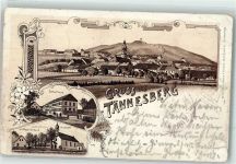 92723 W8481 Tännesberg 1899 Gebrauchsspuren Schulhaus Walfartskirche Messnerhaus Lithographie