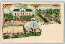 04827 O7254 Machern b Wurzen Lithographie Schloß Gärtnerei Schmidt Gasthaus Böhlig Bahnhof