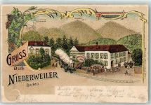 79379 W7840 Niederweiler , Markgräflerl 1907 Lithographie Schloß Ruine Badenweiler Blauen Gasthaus Warteck Eisenbahn