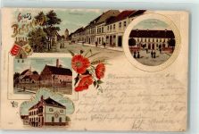 15848 O1230 Beeskow 1898 Lithographie Berlinerstraße Schulgebäude Amt Kaiserl. Postamt Klatschmohn