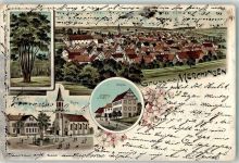 74747 W6963 Merchingen , Baden 1903 Lithographie Kirche Kriegerdenkmal Schloß Gasthaus zur Rose Die Sieben-Eiche