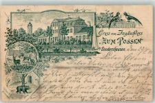 99706 O5400 Sondershausen , Thür 1899 Gebrauchsspuren Vorläufer Jagdschloß zum Possen Pfaue Rehe Bärenzwinger Lithographie