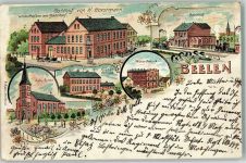 48361 W4413 Beelen 1900 Lithographie Gasthaus Horstmann Kath. Kirche Knabenschule Bahnhof Wurstfabrik Vignette später auf geklebt nicht von uns