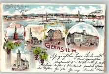 64579 W6084 Gernsheim , Rhein 1910 Lithographie Kath. Kirche Schöffer-Denkmal Grossh. Realschule Stadthaus