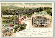 08294 O9407 Lößnitz 1904 Lithographie Hotel Deutsches Haus Rathaus Johannisplatz Bahnhof