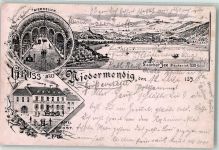 56743 W5442 Niedermendig , Kr Mayen 1896 Gebrauchsspuren Vorläufer Hotel zur Post Bierkeller Laacher See Lithographie