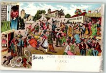 63667 W6478 Nidda Lithographie Markt Jahrmarkt Karussell Riesendame Glücksbriefe Luftballons