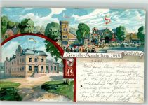35510 W6308 Butzbach 1898 Lithographie / Künstlerkarte Gewerbe-Ausstellung 1898 Ausstelungshalle Wappen sign. PM Stempel Gewerbe-Ausstellung Butzbach